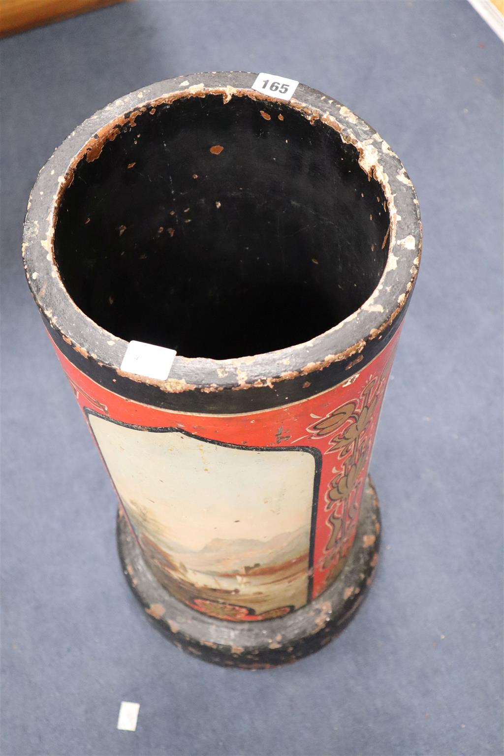 A Victorian earthenware pipe now as a stickstand, painted with landscapes and cock fighting scenes, height 67cm